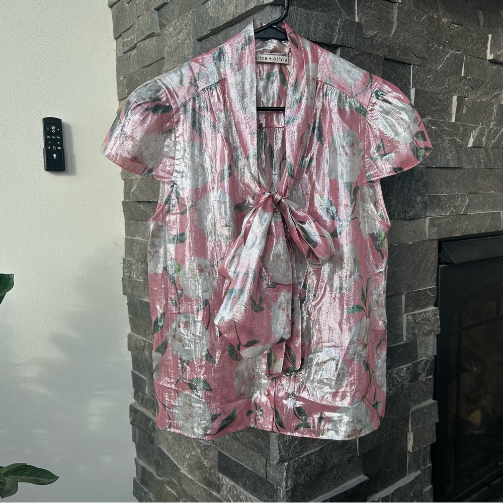 Alice + Olivia Pink and Silver Floral Blouse